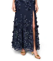 Aidan Mattox Mesh Embroidered Sequin Floral Off-The-Shoulder Neck Sleeveless Sheath Gown