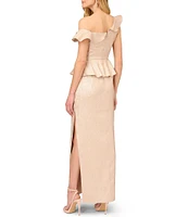 Aidan Mattox Metallic Asymmetrical Neckline Peplum Gown