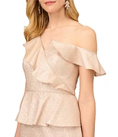 Aidan Mattox Metallic Asymmetrical Neckline Peplum Gown