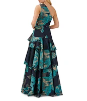 Aidan Mattox Metallic Floral Print Jacquard One Shoulder Tiered Ruffle A-Line Gown