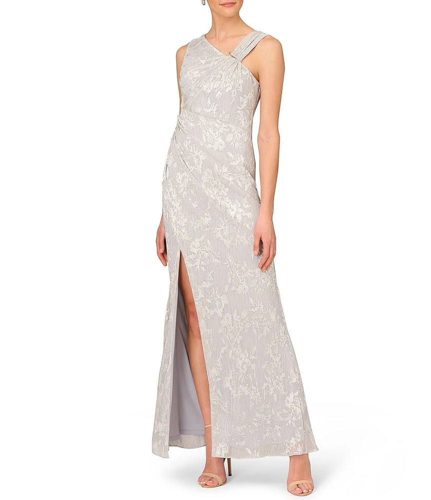 Aidan Mattox Metallic Foil Pleated Asymmetrical Neck Sleeveless Gown