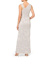 Aidan Mattox Metallic Foil Pleated Asymmetrical Neck Sleeveless Gown