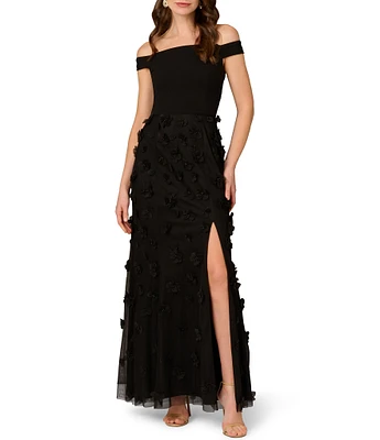 Aidan Mattox Off The Shoulder 3D Floral Applique Mesh Sheath Gown