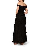 Aidan Mattox Off The Shoulder 3D Floral Applique Mesh Sheath Gown
