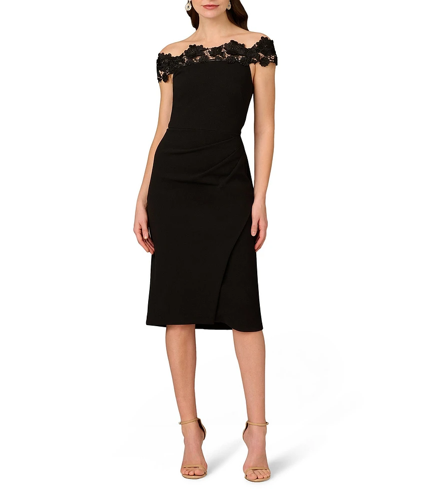 Aidan Mattox Off the Shoulder Lace Knit Crepe Sheath Midi Dress