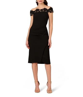 Aidan Mattox Off the Shoulder Lace Knit Crepe Sheath Midi Dress