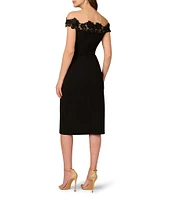 Aidan Mattox Off the Shoulder Lace Knit Crepe Sheath Midi Dress