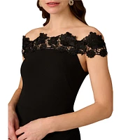 Aidan Mattox Off the Shoulder Lace Knit Crepe Sheath Midi Dress