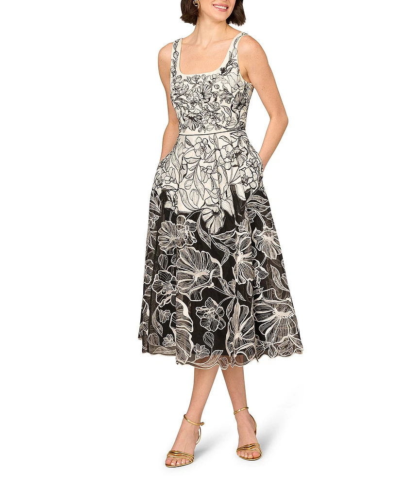 Aidan Mattox Organza Embroidered Floral Print Square Neck Sleeveless A-Line Midi Dress