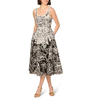Aidan Mattox Organza Embroidered Floral Print Square Neck Sleeveless A-Line Midi Dress