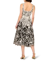 Aidan Mattox Organza Embroidered Floral Print Square Neck Sleeveless A-Line Midi Dress