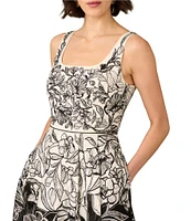 Aidan Mattox Organza Embroidered Floral Print Square Neck Sleeveless A-Line Midi Dress