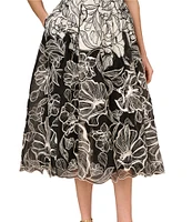 Aidan Mattox Organza Embroidered Floral Print Square Neck Sleeveless A-Line Midi Dress
