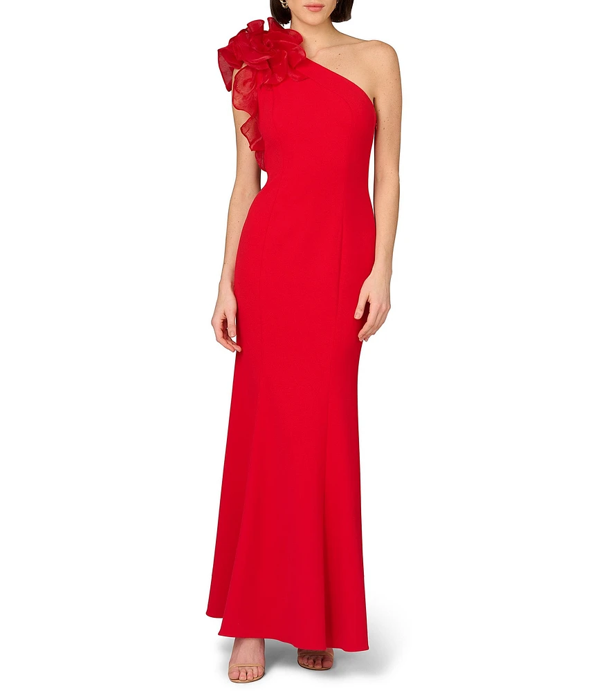 Aidan Mattox Organza Ruffle One-Shoulder Sleeveless Long Column Gown