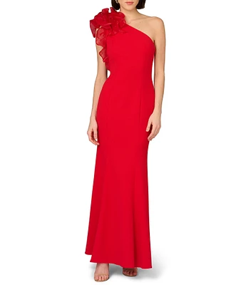 Aidan Mattox Organza Ruffle One-Shoulder Sleeveless Long Column Gown