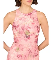 Aidan Mattox Round Neck Sleeveless 3D Embroidered Lace Trumpet Midi Dress