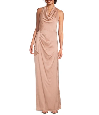 Aidan Mattox Satin Cowl Neck Sleeveless Side Ruffle Gown