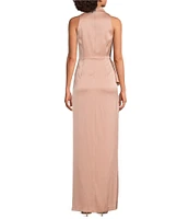 Aidan Mattox Satin Cowl Neck Sleeveless Side Ruffle Gown