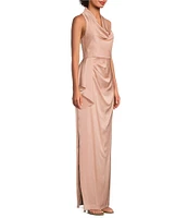 Aidan Mattox Satin Cowl Neck Sleeveless Side Ruffle Gown