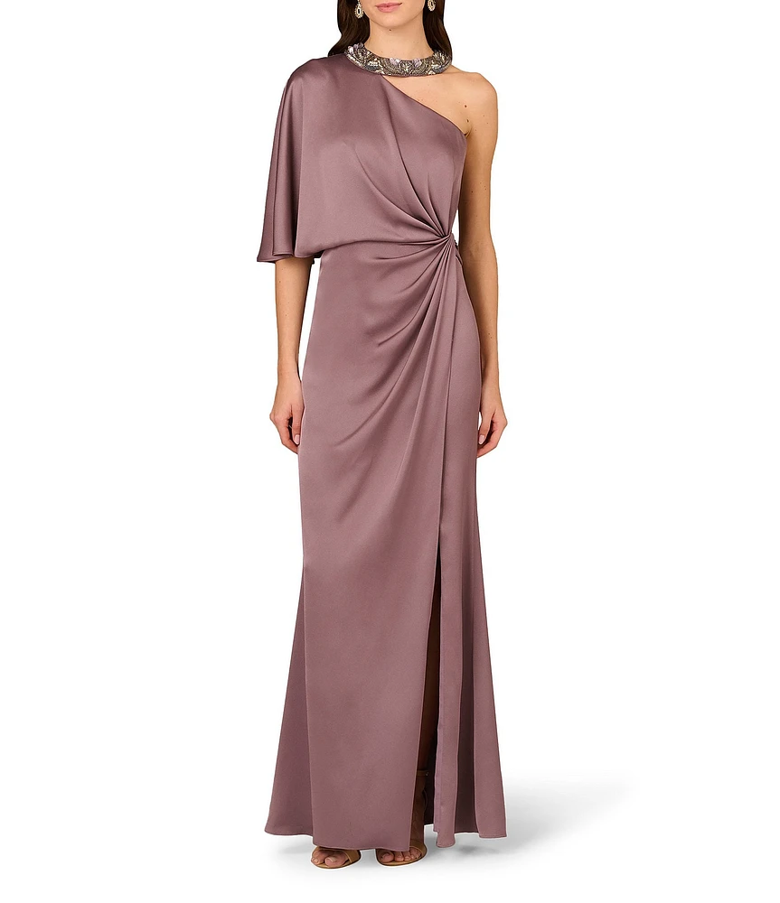 Aidan Mattox Satin Crepe Back Asymmetrical One Shoulder Beaded Neck Short Sleeve Side Twist Column Gown