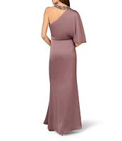 Aidan Mattox Satin Crepe Back Asymmetrical One Shoulder Beaded Neck Short Sleeve Side Twist Column Gown