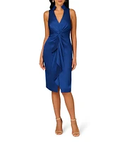 Aidan Mattox Satin Crepe Back Point Collar V-Neck Sleeveless Front Twist Cascade Ruffle Sheath Dress