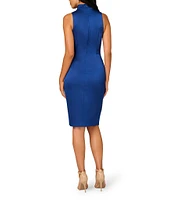 Aidan Mattox Satin Crepe Back Point Collar V-Neck Sleeveless Front Twist Cascade Ruffle Sheath Dress