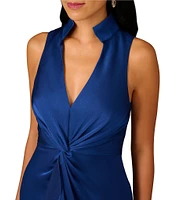 Aidan Mattox Satin Crepe Back Point Collar V-Neck Sleeveless Front Twist Cascade Ruffle Sheath Dress