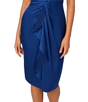 Aidan Mattox Satin Crepe Back Point Collar V-Neck Sleeveless Front Twist Cascade Ruffle Sheath Dress