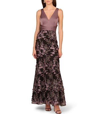 Aidan Mattox Satin Crepe V-Neck Sleeveless 3D Embroidered Pleated Bodice Column Dress