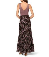 Aidan Mattox Satin Crepe V-Neck Sleeveless 3D Embroidered Pleated Bodice Column Dress