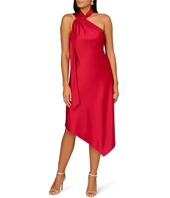 Aidan Mattox Satin Halter Neck Sleeveless Front Tail Asymmetrical Hem Midi Dress