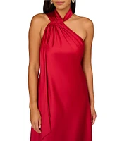 Aidan Mattox Satin Halter Neck Sleeveless Front Tail Asymmetrical Hem Midi Dress