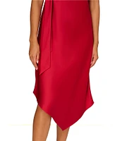 Aidan Mattox Satin Halter Neck Sleeveless Front Tail Asymmetrical Hem Midi Dress