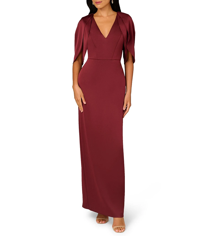 Aidan Mattox Satin V-Neck 3/4 Draped Sleeves Back Slit Sheath Dress