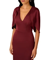 Aidan Mattox Satin V-Neck 3/4 Draped Sleeves Back Slit Sheath Dress