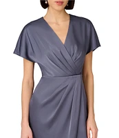 Aidan Mattox Satin V-Neck Dolman Short Sleeve Pleated Tulip Hem Dress