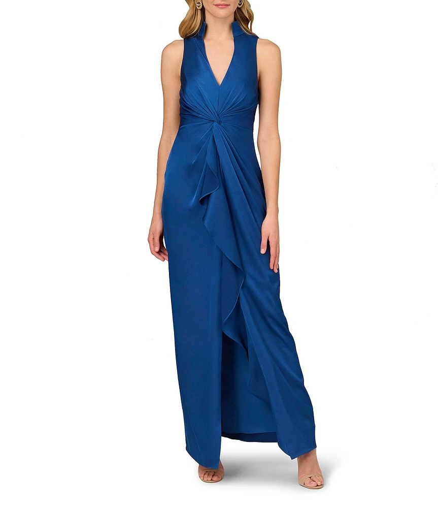 Aidan Mattox Satin V-Neck Twist Front with Cascading Ruffle Gown