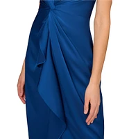 Aidan Mattox Satin V-Neck Twist Front with Cascading Ruffle Gown