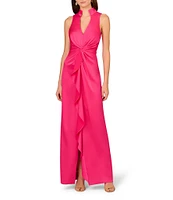 Aidan Mattox Satin V-Neck Twist Front with Cascading Ruffle Gown