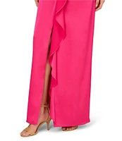 Aidan Mattox Satin V-Neck Twist Front with Cascading Ruffle Gown