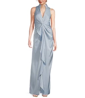 Aidan Mattox Satin V-Neck Twist Front with Cascading Ruffle Gown