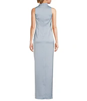 Aidan Mattox Satin V-Neck Twist Front with Cascading Ruffle Gown