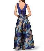 Aidan Mattox Sleeveless Tie Back Mix Media Floral Ballgown