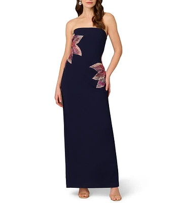Aidan Mattox Strapless Beaded Floral Crepe Column Gown