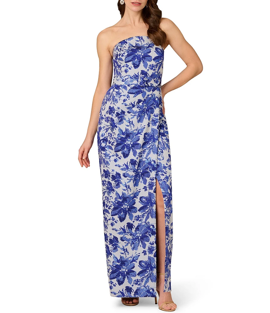 Aidan Mattox Strapless Floral Print Jacquard Side Ruched Column Gown