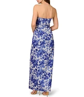 Aidan Mattox Strapless Floral Print Jacquard Side Ruched Column Gown