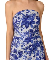 Aidan Mattox Strapless Floral Print Jacquard Side Ruched Column Gown