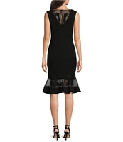 Aidan Mattox Stretch V-Neck Cap Sleeve Flounce Floral Mesh Insert Sheath Dress