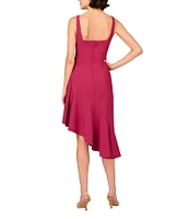 Aidan Mattox Stretch Crepe Square Neck Ruffle Asymmetrical A-Line Midi Dress